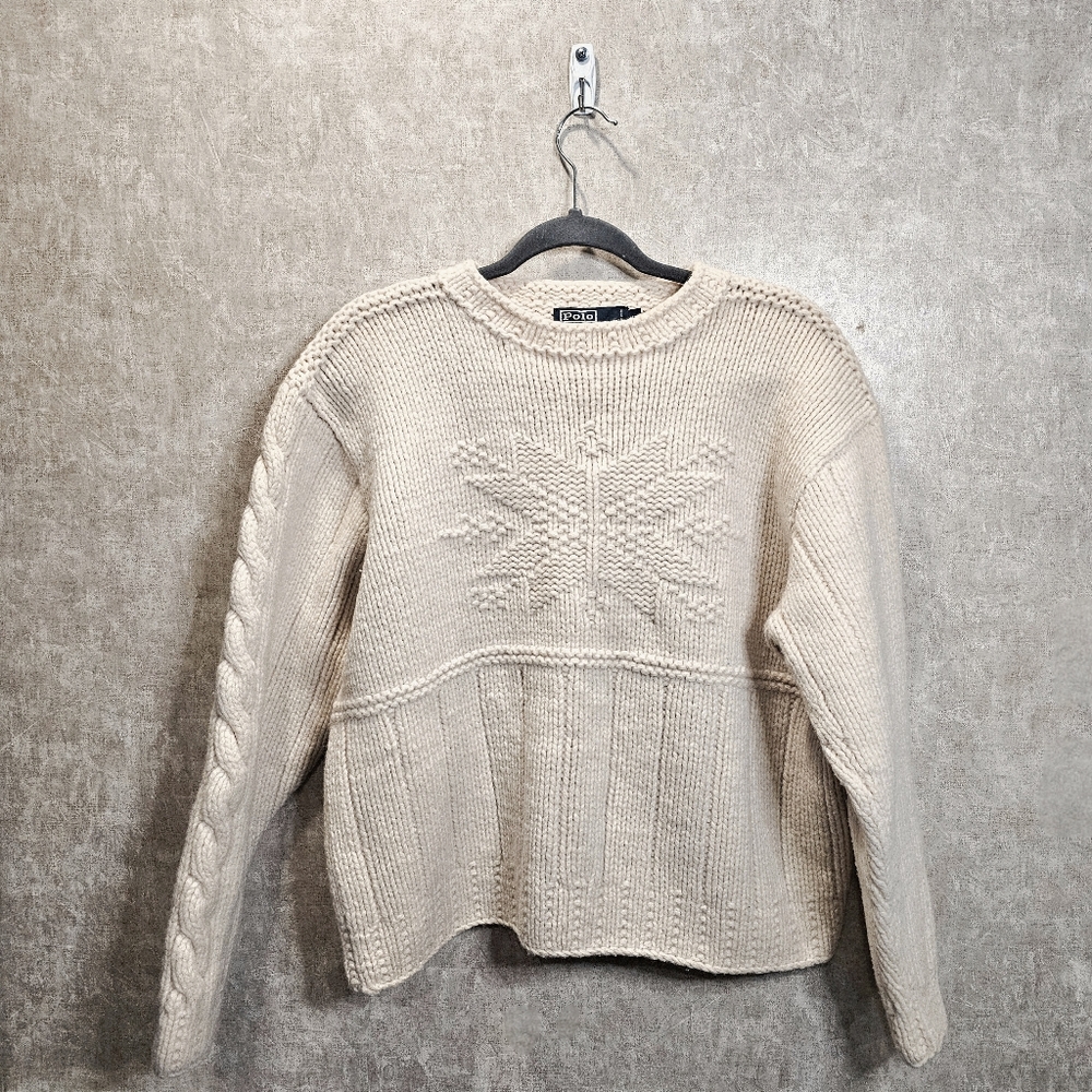 Vtg Polo Ralph Lauren Wool Hand Knit Chunky Fisherman Boxy Snowflake Sweater